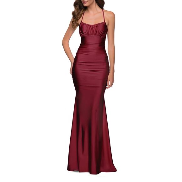 La Femme Dresses & Skirts - La Femme 29873 Burgundy Red Shiny Jersey Ruched Trumpet Formal Gown Size 8